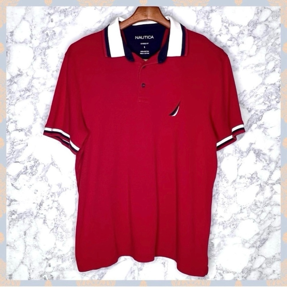 Nautica Men’s Red Classic Fit Short Sleeve Polo Shirt Cotton Size Large